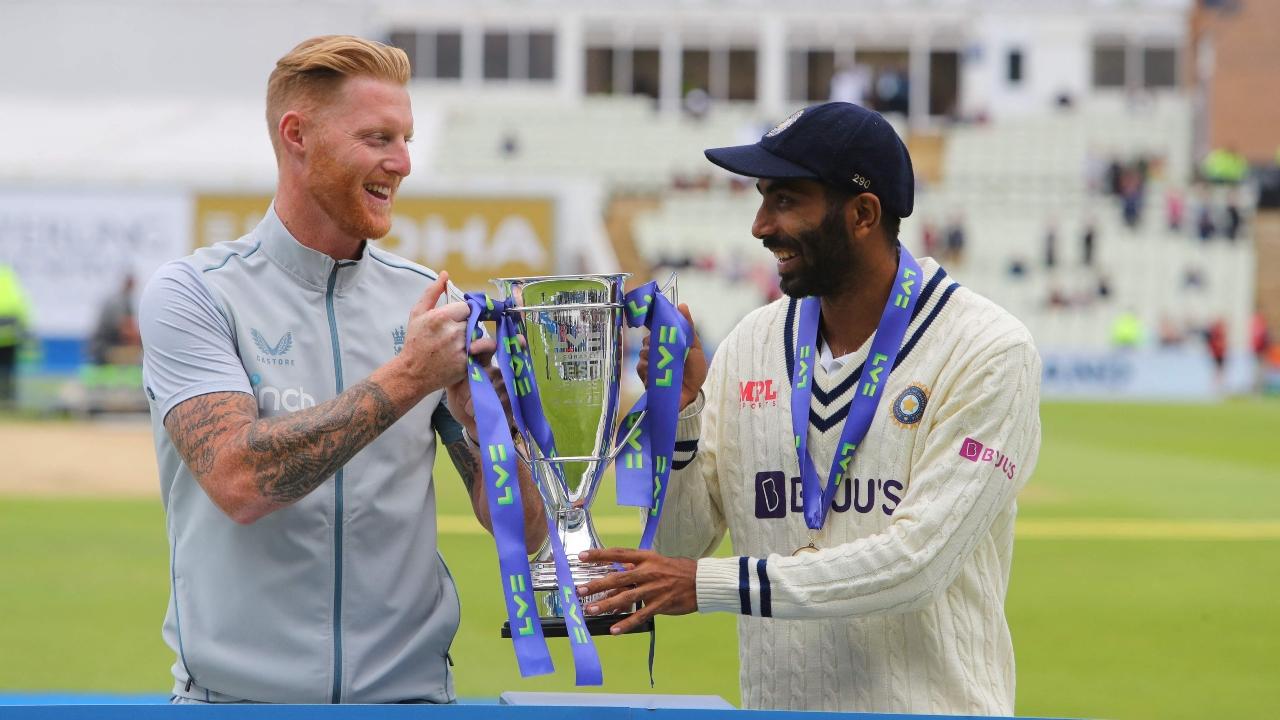 England captain Ben Stokes and India's captain Jasprit Bumrah are all smiles as they share the Pataudi Trophy